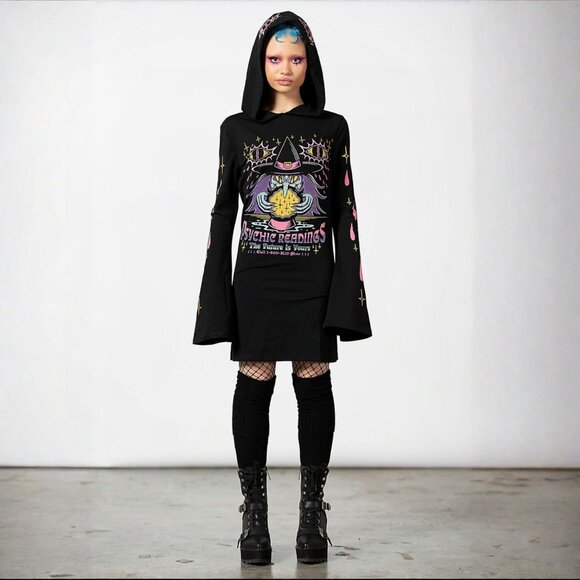 Killstar Crystal Gazer Hooded Dress ✦ M Black Psychic Graphic ✦ Bell Sleeves NWT - Picture 4 of 7